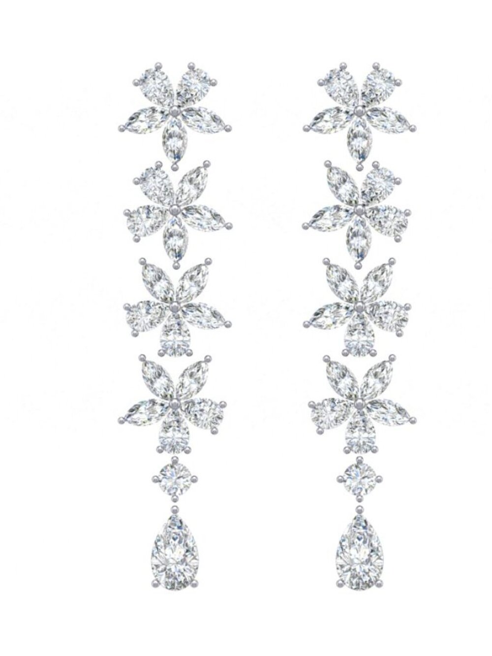 Flowers Petal Diamond 18K White Gold Drop Earrings